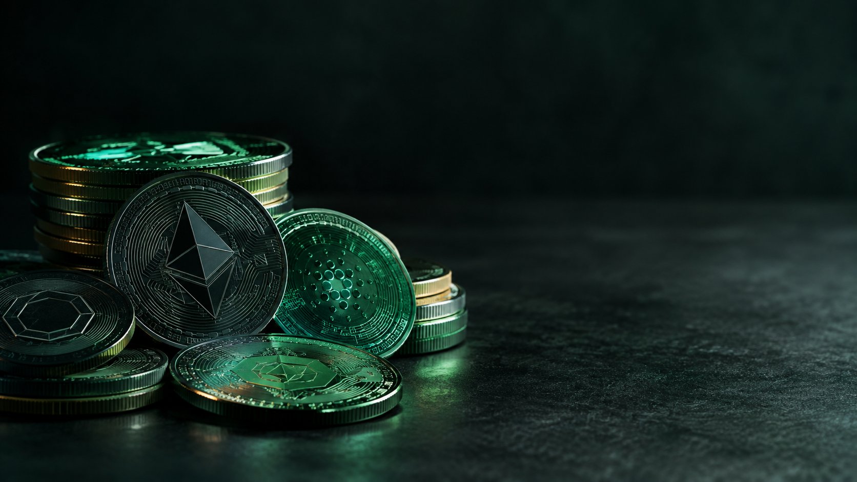 Pile of assorted generic cryptocurrency coins with abstract engraved patterns