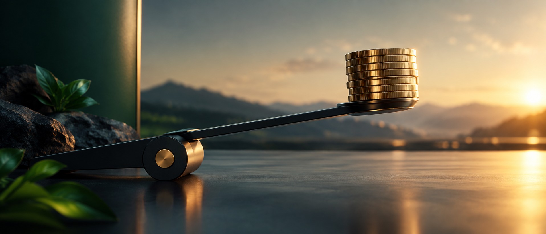 Precision lever lifting a stack of coins clean minimal composition