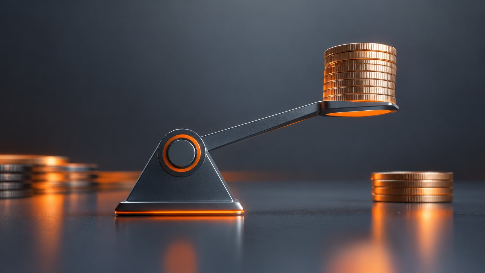 Precision lever lifting a stack of coins clean minimal composition