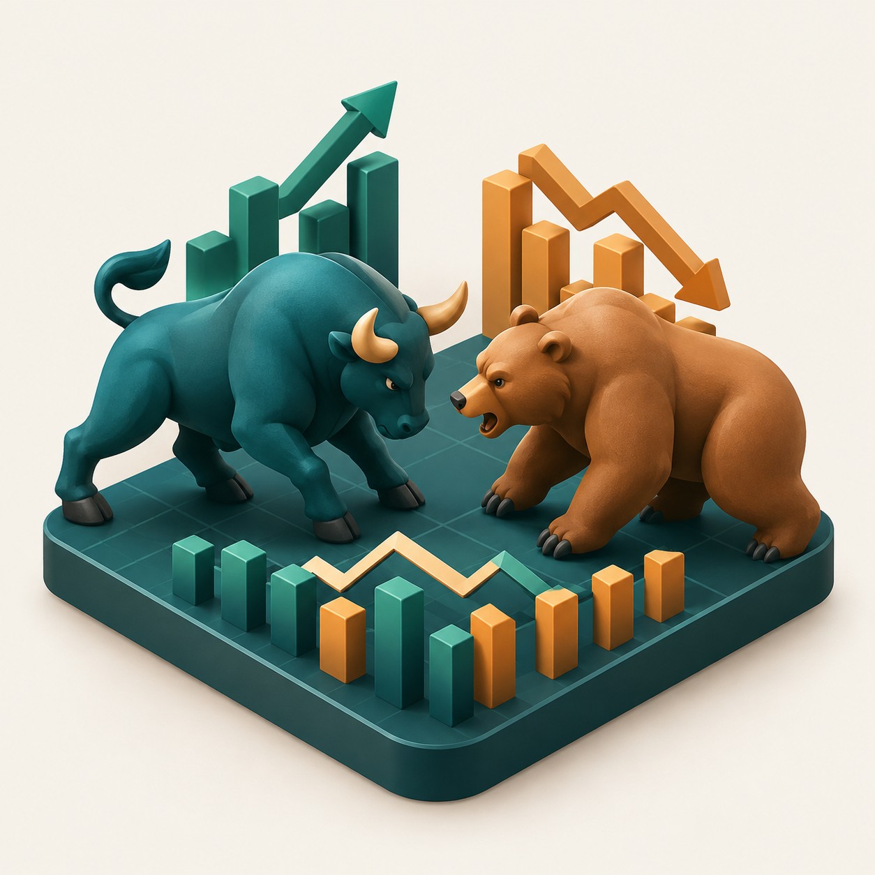 Bull and a bear facing each other on a chart landscape